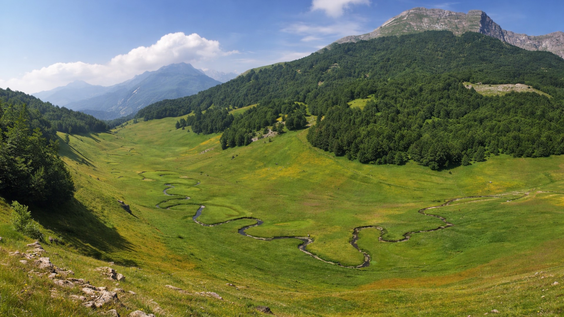 Grünes Hochtal bei Lukomir mit Bachlauf und Bergkulisse